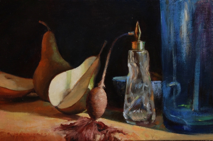 Evan Harrington, "Pears With Atomizer," 8 X 12 inches, oil on canvas